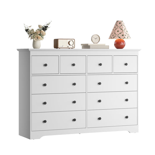 55.1" Wide Dresser for Bedroom, 10 Drawer Dresser with Large Drawers, Dresser for TVs Up to 65",White