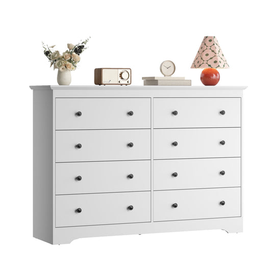 55.1" Wide Dresser for Bedroom, 8 Drawer Dresser with Large Drawers, Dresser for TVs Up to 65",White