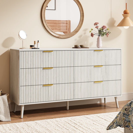 Fluted 6 Drawers Dresser, 55.1" Wide Modern Chest of Drawers with Wood Foot, Dresser TV Stand Up to 65 Inch TV, Wood Drawer Organizer for Bedroom, Living Room, Hallway - White
