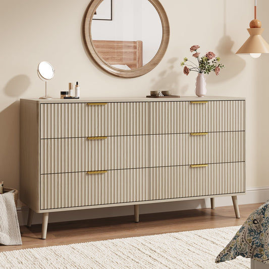 Fluted 6 Drawers Dresser, 55.1" Wide Modern Chest of Drawers with Wood Foot, Dresser TV Stand Up to 65 Inch TV, Wood Drawer Organizer for Bedroom, Living Room, Hallway - Cream