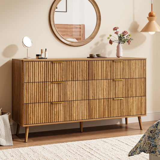 Fluted 6 Drawers Dresser, 55.1" Wide Modern Chest of Drawers with Wood Foot, Dresser TV Stand Up to 65 Inch TV, Wood Drawer Organizer for Bedroom, Living Room, Hallway - Brown