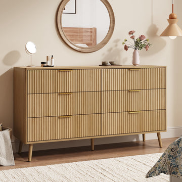 Fluted 6 Drawers Dresser, 55.1" Wide Modern Chest of Drawers with Wood Foot, Dresser TV Stand Up to 65 Inch TV, Wood Drawer Organizer for Bedroom, Living Room, Hallway - OAK