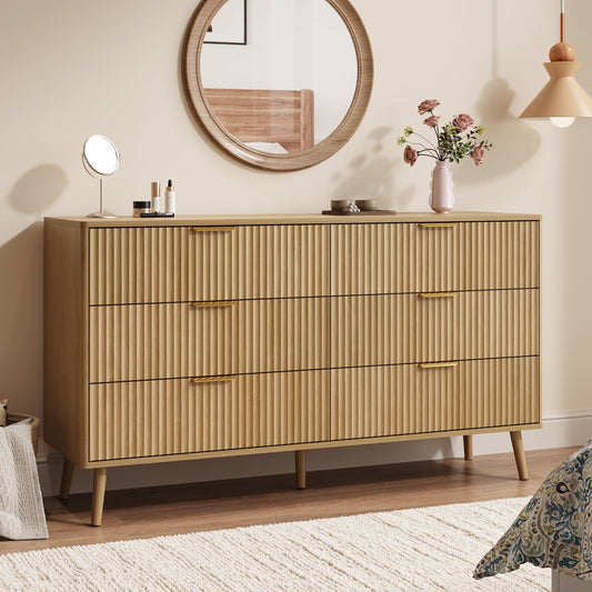 Fluted 6 Drawers Dresser, 55.1" Wide Modern Chest of Drawers with Wood Foot, Dresser TV Stand Up to 65 Inch TV, Wood Drawer Organizer for Bedroom, Living Room, Hallway - OAK