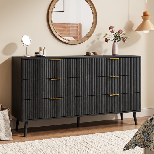 Fluted 6 Drawers Dresser, 55.1" Wide Modern Chest of Drawers with Wood Foot, Dresser TV Stand Up to 65 Inch TV, Wood Drawer Organizer for Bedroom, Living Room, Hallway - Black