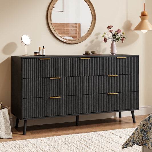 Fluted 7 Drawers Dresser, 55.1" Wide Modern Chest of Drawers with Wood Foot, Dresser TV Stand Up to 65 Inch TV, Wood Drawer Organizer for Bedroom, Living Room, Hallway - Black