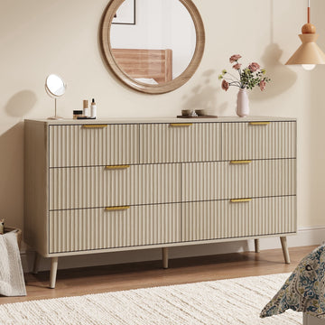 Fluted 7 Drawers Dresser, 55.1" Wide Modern Chest of Drawers with Wood Foot, Dresser TV Stand Up to 65 Inch TV, Wood Drawer Organizer for Bedroom, Living Room, Hallway - Cream