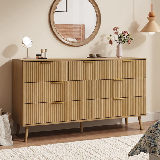 Fluted 7 Drawers Dresser, 55.1" Wide Modern Chest of Drawers with Wood Foot, Dresser TV Stand Up to 65 Inch TV, Wood Drawer Organizer for Bedroom, Living Room, Hallway - OAK
