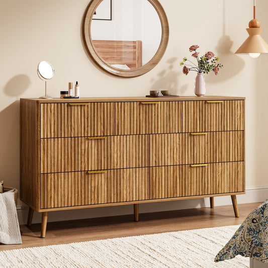 Fluted 7 Drawers Dresser, 55.1" Wide Modern Chest of Drawers with Wood Foot, Dresser TV Stand Up to 65 Inch TV, Wood Drawer Organizer for Bedroom, Living Room, Hallway - Brown
