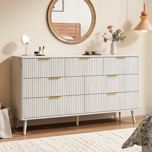 Fluted 7 Drawers Dresser, 55.1" Wide Modern Chest of Drawers with Wood Foot, Dresser TV Stand Up to 65 Inch TV, Wood Drawer Organizer for Bedroom, Living Room, Hallway - White