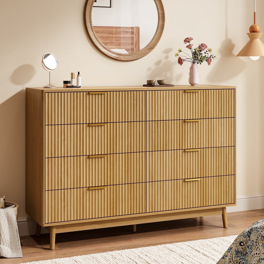 Fluted 8 Drawers Dresser, 55.1" Wide Modern Chest of Drawers with Wood Foot, Dresser TV Stand Up to 65 Inch TV, Wood Drawer Organizer for Bedroom, Living Room, Hallway - OAK