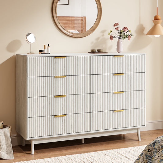 Fluted 8 Drawers Dresser, 55.1" Wide Modern Chest of Drawers with Wood Foot, Dresser TV Stand Up to 65 Inch TV, Wood Drawer Organizer for Bedroom, Living Room, Hallway - White