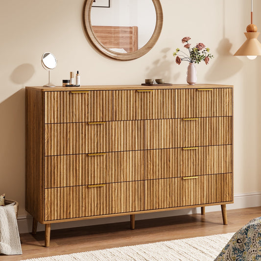 Fluted 9 Drawers Dresser, 55.1" Wide Modern Chest of Drawers with Wood Foot, Dresser TV Stand Up to 65 Inch TV, Wood Drawer Organizer for Bedroom, Living Room, Hallway - Brown