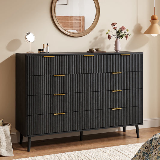 Fluted 9 Drawers Dresser, 55.1" Wide Modern Chest of Drawers with Wood Foot, Dresser TV Stand Up to 65 Inch TV, Wood Drawer Organizer for Bedroom, Living Room, Hallway - Black