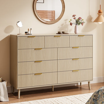 Fluted 9 Drawers Dresser, 55.1" Wide Modern Chest of Drawers with Wood Foot, Dresser TV Stand Up to 65 Inch TV, Wood Drawer Organizer for Bedroom, Living Room, Hallway - Cream