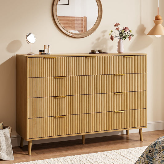 Fluted 9 Drawers Dresser, 55.1" Wide Modern Chest of Drawers with Wood Foot, Dresser TV Stand Up to 65 Inch TV, Wood Drawer Organizer for Bedroom, Living Room, Hallway - OAK