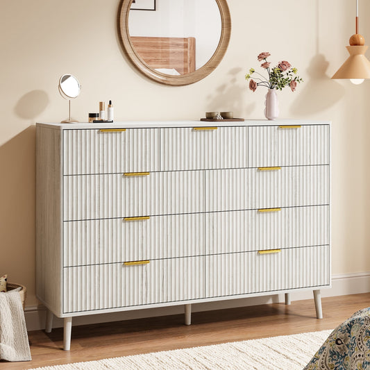 Fluted 9 Drawers Dresser, 55.1" Wide Modern Chest of Drawers with Wood Foot, Dresser TV Stand Up to 65 Inch TV, Wood Drawer Organizer for Bedroom, Living Room, Hallway - White