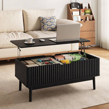 Fluted Lift Top Coffee Table with Storage, 39.4" Width Rising Coffee Tables with Hidden Compartment, Wood Center Table for Living Room Office, Black