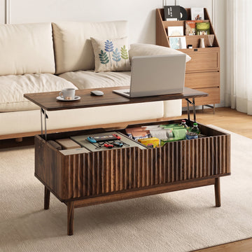 Fluted Lift Top Coffee Table with Storage, 39.4" Width Rising Coffee Tables with Hidden Compartment, Wood Center Table for Living Room Office, Brown