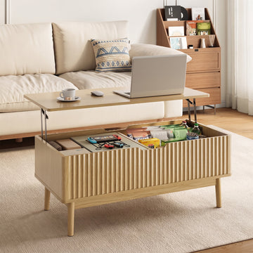 Fluted Lift Top Coffee Table with Storage, 39.4" Width Rising Coffee Tables with Hidden Compartment, Wood Center Table for Living Room Office, Natural