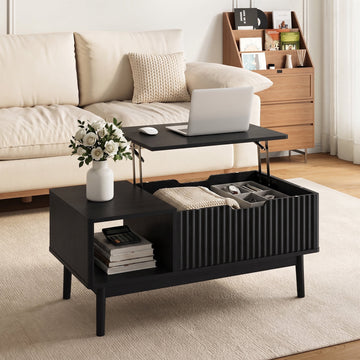 Fluted Lift Top Coffee Table with Storage, Rising Coffee Tables with Hidden Compartment, Wood Center Table for Living Room Office, Black
