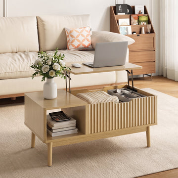 Fluted Lift Top Coffee Table with Storage, Rising Coffee Tables with Hidden Compartment, Wood Center Table for Living Room Office, Natural