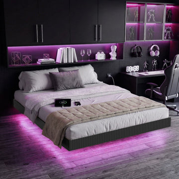 King Bed Frame with RGB LED Lights,Floating Bed with Fluted Design;Heavy Duty Steel, Modern Metal Bed Frame,Black