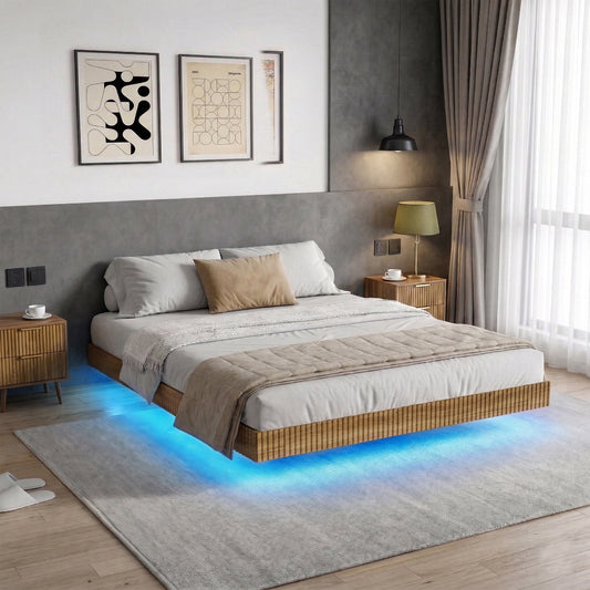 King Bed Frame with RGB LED Lights,Floating Bed with Fluted Design;Heavy Duty Steel, Modern Metal Bed Frame,Walnut