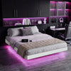 King Bed Frame with RGB LED Lights,Floating Bed with Fluted Design;Heavy Duty Steel, Modern Metal Bed Frame,White
