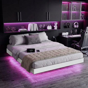 King Bed Frame with RGB LED Lights,Floating Bed with Fluted Design;Heavy Duty Steel, Modern Metal Bed Frame,White