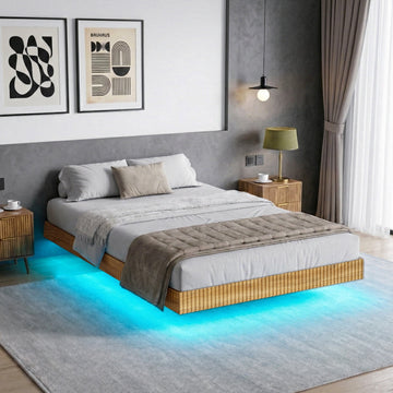 Queen Bed Frame with RGB LED Lights,Floating Bed with Fluted Design;Heavy Duty Steel, Modern Metal Queen Size Bed,Walnut