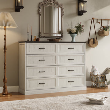 Rustic 8-Drawer Wood Dresser, Large Storage Chest Organizer with Metal Handles for Bedroom, Living Room, Farmhouse Style Furniture,White