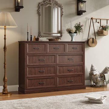 Rustic 9-Drawer Wood Dresser, Large Storage Chest Organizer with Metal Handles for Bedroom, Living Room, Farmhouse Style Furniture,Brown
