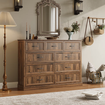 Rustic 9-Drawer Wood Dresser, Large Storage Chest Organizer with Metal Handles for Bedroom, Living Room, Farmhouse Style Furniture,Deep Brown