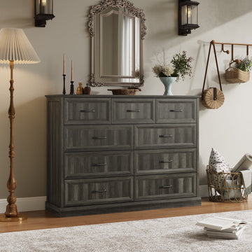 Rustic 9-Drawer Wood Dresser, Large Storage Chest Organizer with Metal Handles for Bedroom, Living Room, Farmhouse Style Furniture,Gray