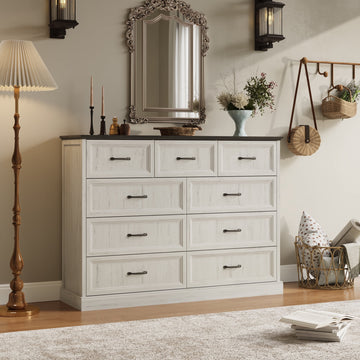Rustic 9-Drawer Wood Dresser, Large Storage Chest Organizer with Metal Handles for Bedroom, Living Room, Farmhouse Style Furniture,White