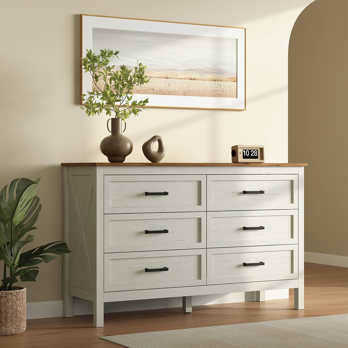 Dorien Rustic Farmhouse White 6-Drawer Dresser - Riumlore