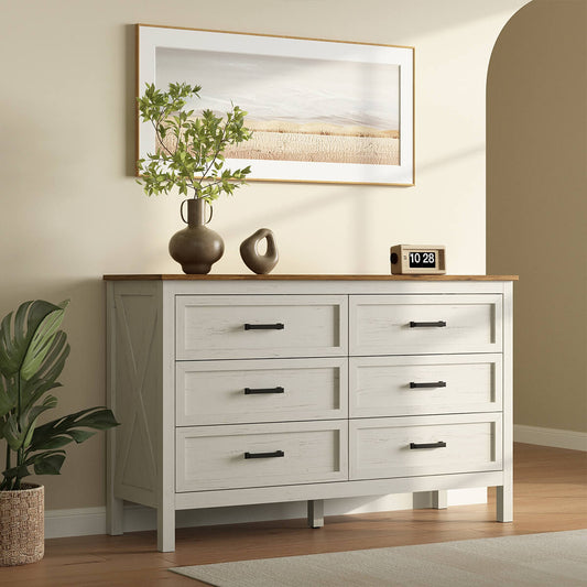 Dorien Rustic Farmhouse White 6-Drawer Dresser - Riumlore