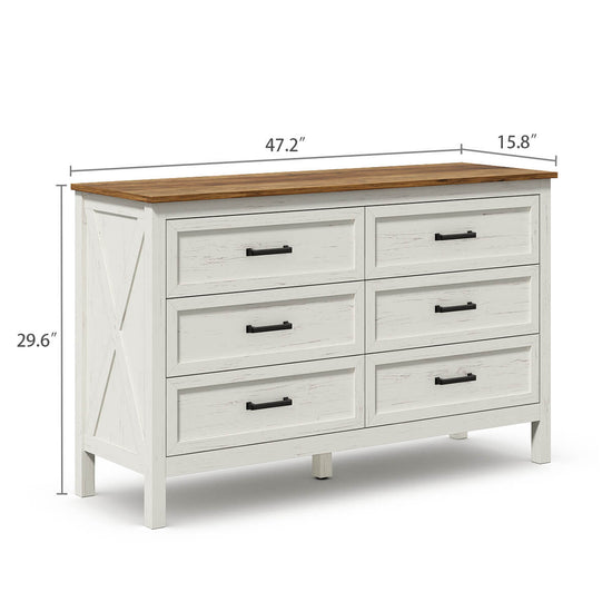 Dorien Rustic Farmhouse White 6-Drawer Dresser - Riumlore
