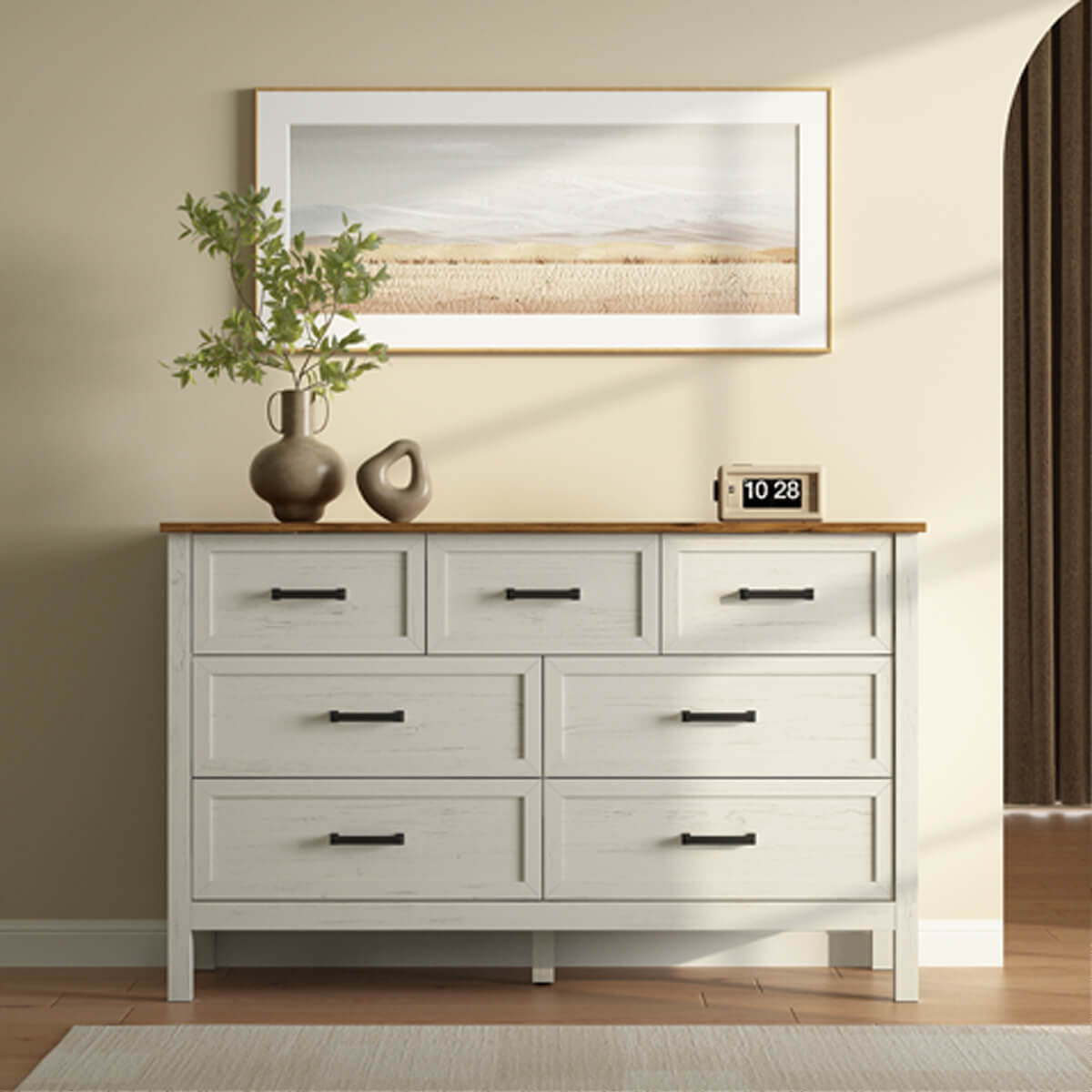Dorien Rustic Farmhouse White 7-Drawer Dresser - Riumlore