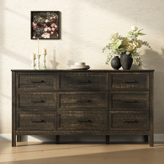 Dorien Rustic Farmhouse Black 9-Drawer Dresser - Riumlore