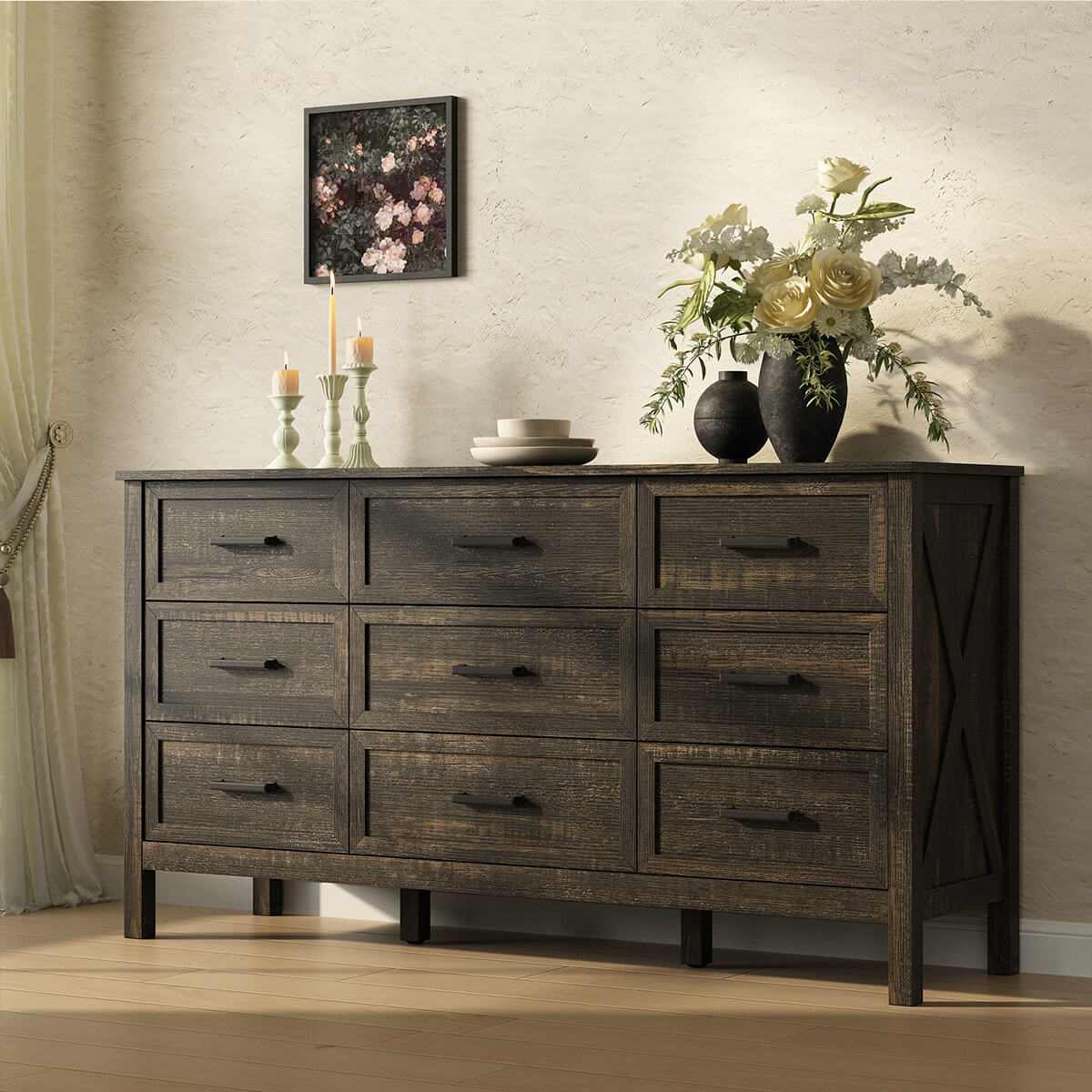 Dorien Rustic Farmhouse Black 9-Drawer Dresser - Riumlore