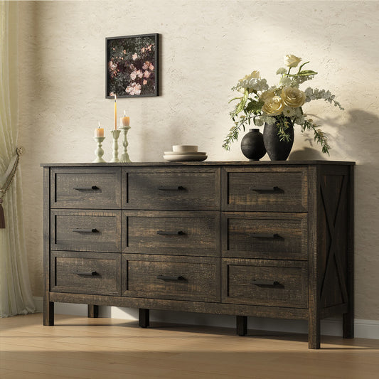 Dorien Rustic Farmhouse Black 9-Drawer Dresser - Riumlore
