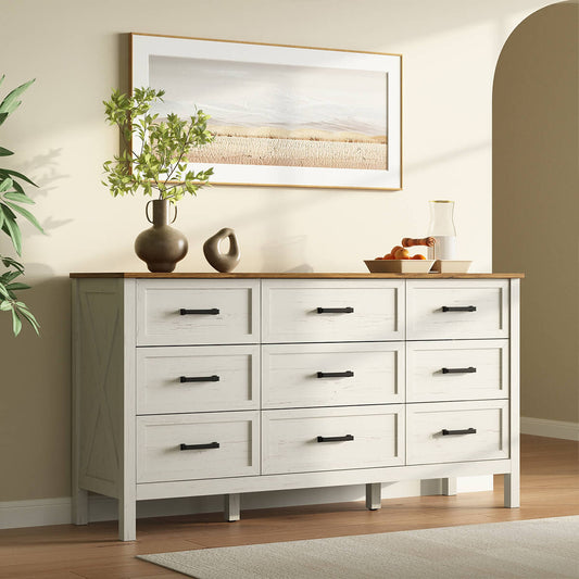 Dorien Rustic Farmhouse White 9-Drawer Dresser - Riumlore