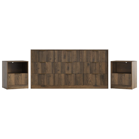 3-Piece Modern Bedroom Set - 9 Drawer Wide Dresser & Nightstands Set of 2 with Fluted Design, Anti-Tip Safety Brown Natural Wood Storage Furniture for Bedroom,Hallway 9+2,Brown