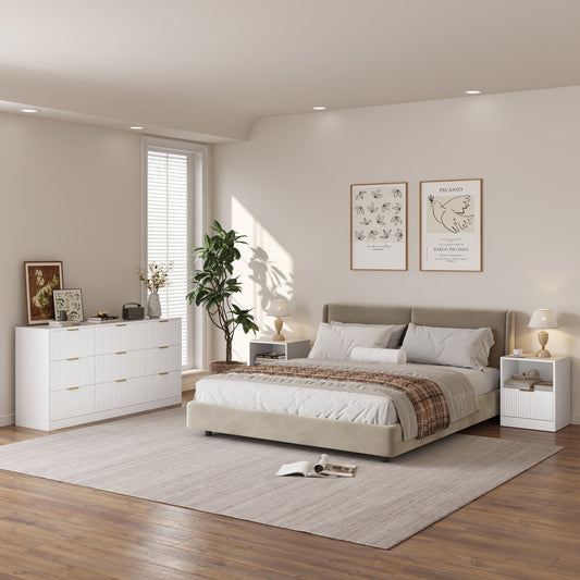 3-Piece Modern Bedroom Set - 9 Drawer Wide Dresser & Nightstands Set of 2 with Fluted Design, Anti-Tip Safety White Natural Wood Storage Furniture for Bedroom,Hallway 9+2,White