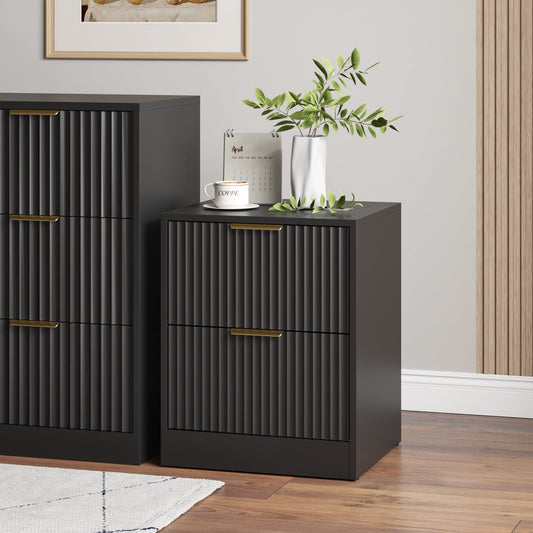 3-Piece Modern Bedroom Set - 6 Drawer Wide Dresser & Nightstands Set of 2 with Fluted Design, Anti-Tip Safety Black Natural Wood Storage Furniture for Bedroom,Hallway 6+4,Black
