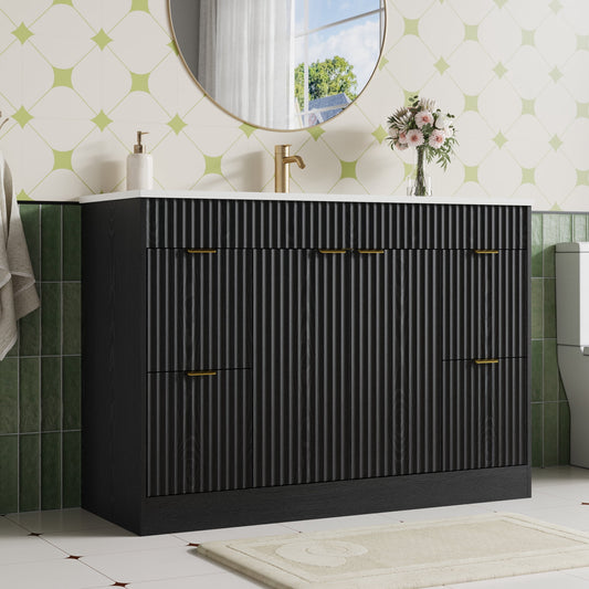 48" Fluted Bathroom Vanity Cabinet with 4 Drawers,Bathroom Vanity with Sink and Soft-Close Doors,Freestanding Bathroom Sink Cabinet,Black