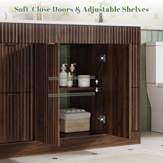 48" Fluted Bathroom Vanity Cabinet with 4 Drawers,Bathroom Vanity with Sink and Soft-Close Doors,Freestanding Bathroom Sink Cabinet,Brown
