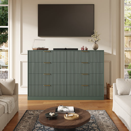 55.1" W Fluted 8 Drawer Dresser for Adult,Wooden Bedroom Dresser,Dresser TV Stand up to 65" for Living Room,Green