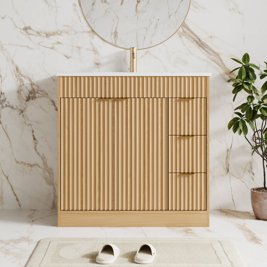 35.4" Fluted Bathroom Vanity Cabinet with 3 Drawers,Bathroom Vanity with Sink and Soft-Close Doors,Freestanding Small Bathroom Sink Cabinet,OAK